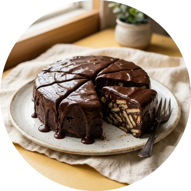 Kek batik dipotong dengan coklat leleh