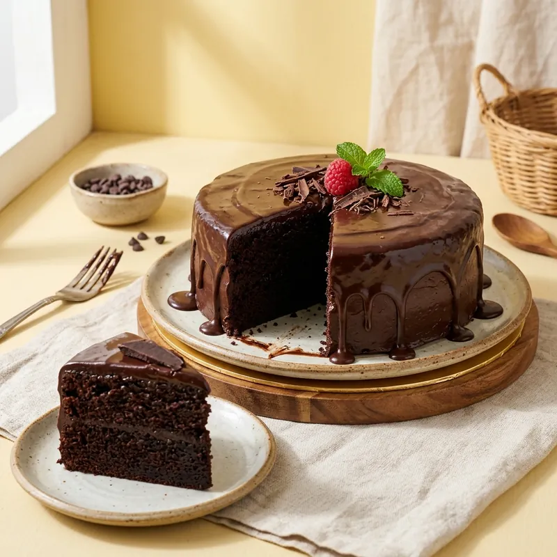 Kek coklat moist bersalut ganache