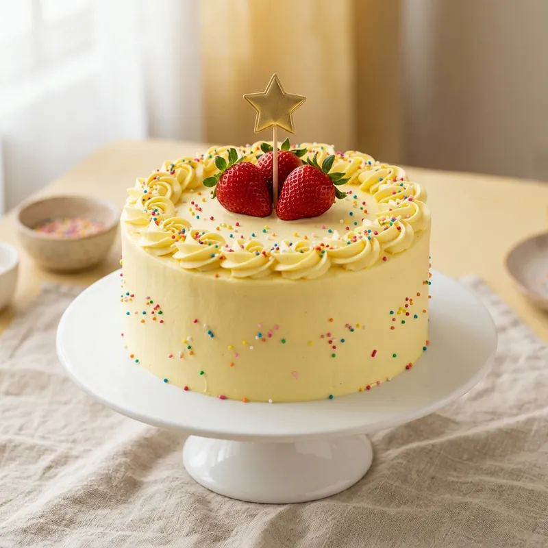 Kek hari jadi bertema dengan krim kuning pastel dan strawberi
