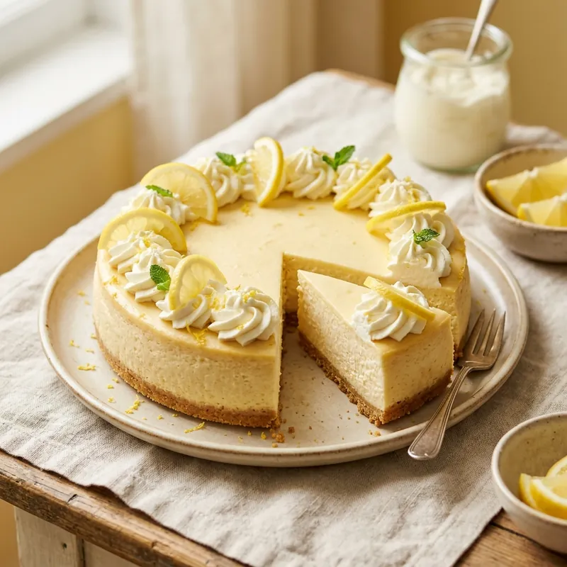 Kek keju lemon dengan krim dan hirisan lemon