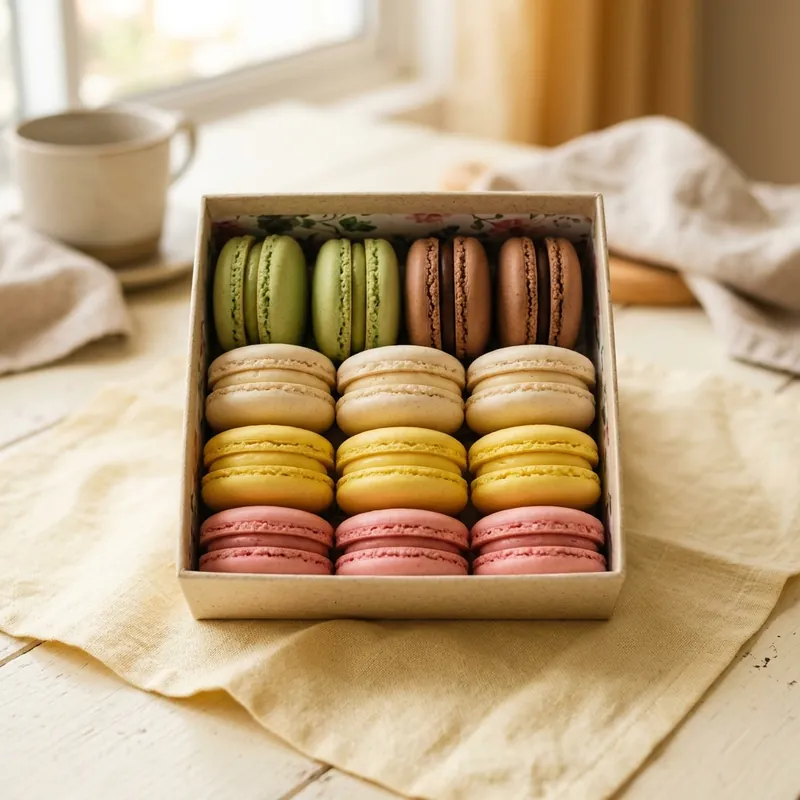 Makaron pastel dalam kotak hadiah