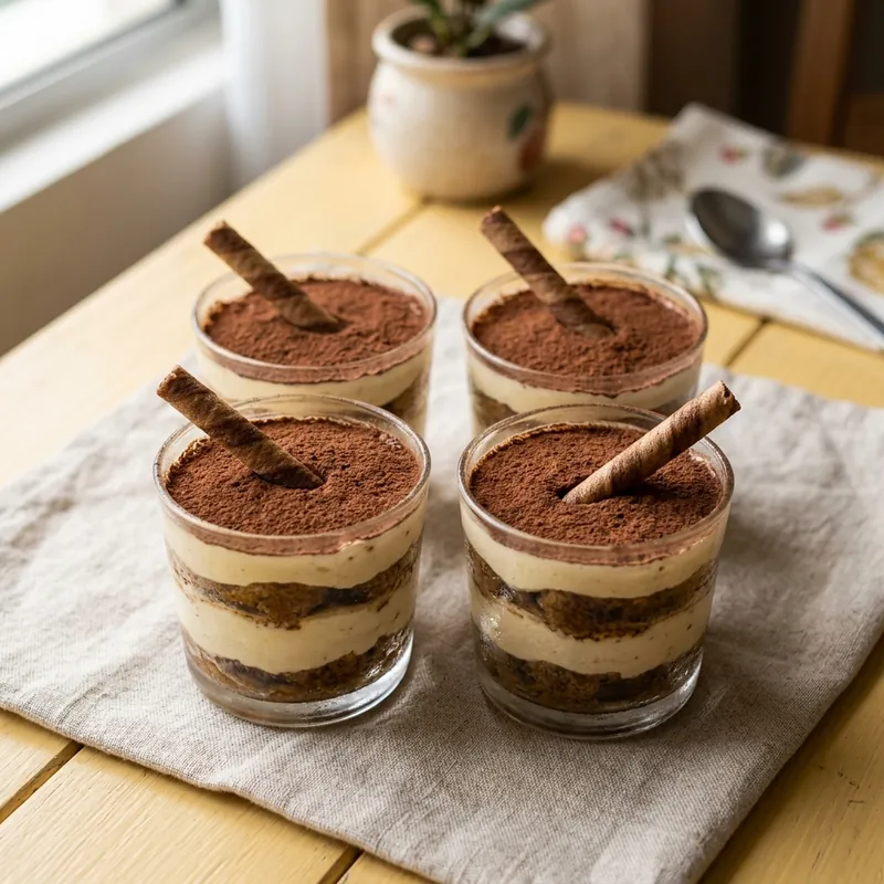 Empat cawan tiramisu bertabur koko