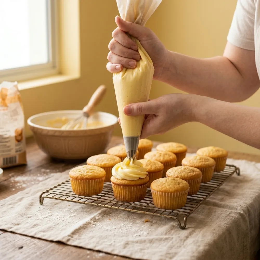 Tangan pembuat kek sedang memicit krim ke atas cupcake