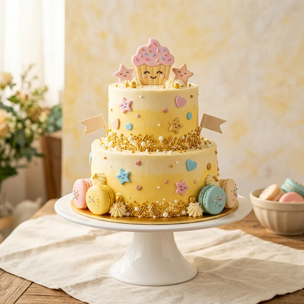 Kek hari jadi khas dua tingkat berwarna kuning dan krim dengan hiasan comel