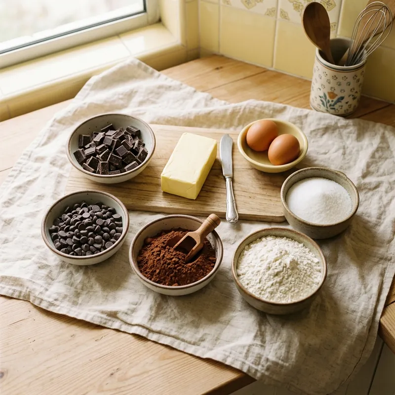 Bahan brownies dari atas: coklat gelap dicincang, mentega, telur, gula, tepung, serbuk koko dan cip coklat