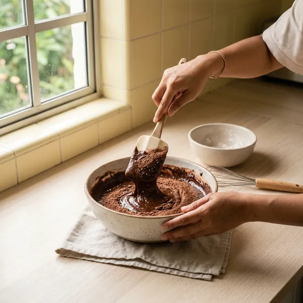 Spatula mengaup serbuk koko dan tepung ke dalam adunan coklat yang berkilat