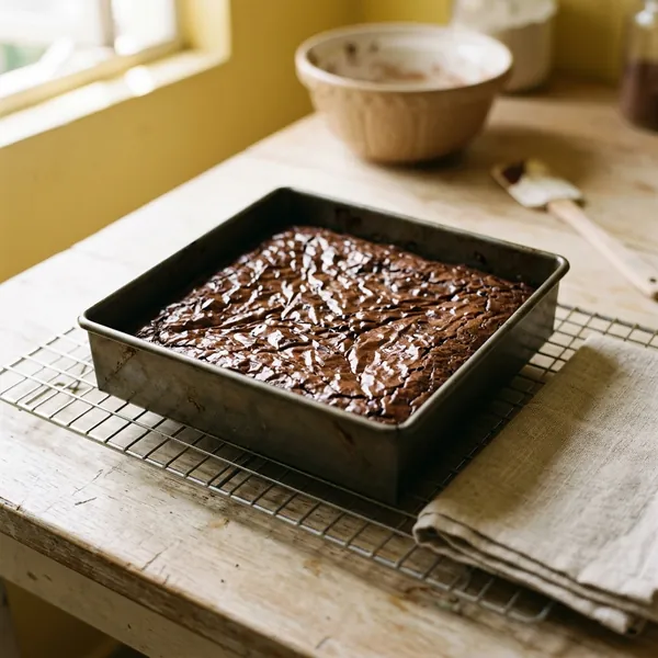 Seloyang brownies yang baru dibakar, permukaannya berkedut dan berkilat, di atas rak dawai