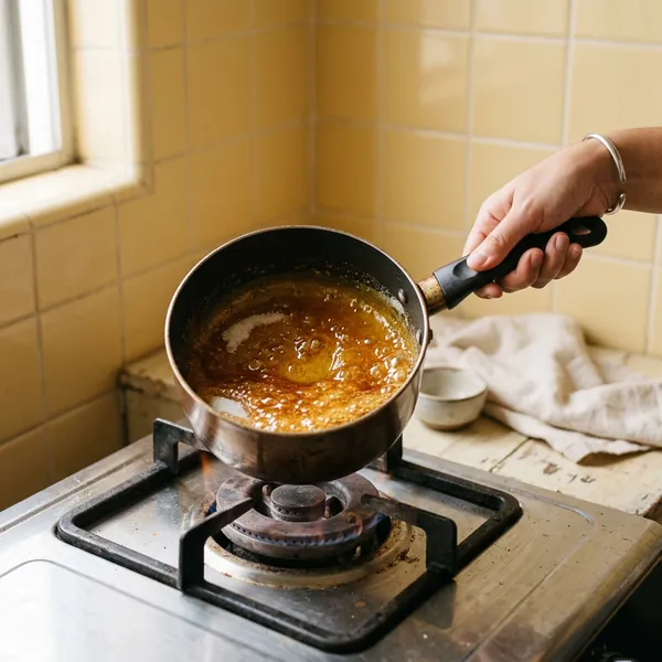 Gula cair menjadi karamel perang keemasan dalam periuk kecil di atas dapur